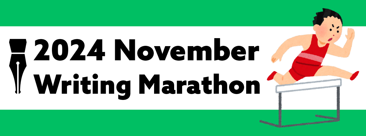 November Writing Marathon header image, with man in track suit jumping over hurdle