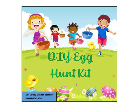 Children on egg hunt with text