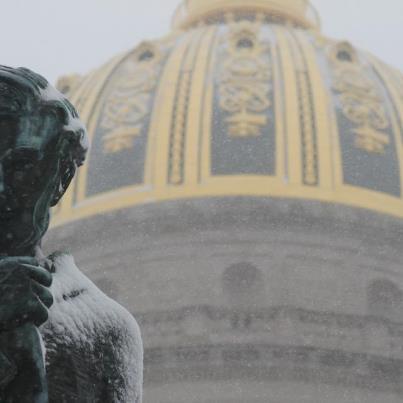 Statue of Lincoln with West Virginia State Capitol Dome 