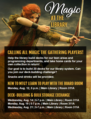 Magic the Gathering event flyer with archer fairy with red hair on top