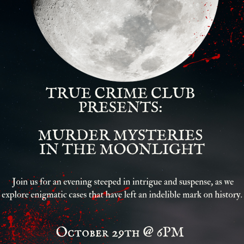 True Crime Club Presents: Murder Mysteries in the Moonlight. Picture features a moon, and a tiny blood splatter with information about the event