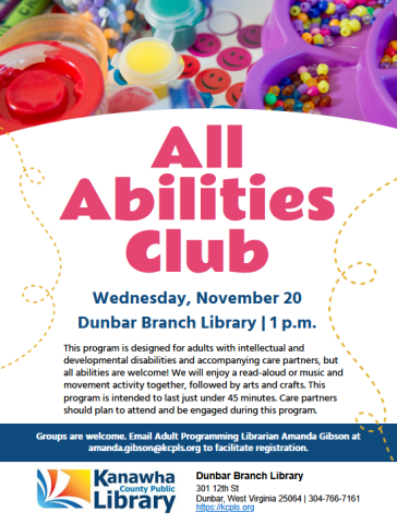 All Abilities Club flyer with art supplies photo at top and text description at bottom