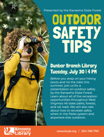 Outdoor Safety tips promo with description and woman with binoculars looking up at the trees