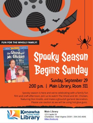 Spooky Season film flyer with film reel, orange background, black bats, and text describing the program