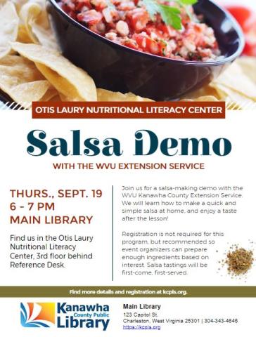 Salsa Demo flyer with bowl of salsa at top with chips and program description at bottom