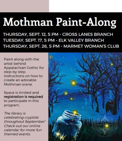 Mothman Paint-Along Flyer with Mothman and lightning bugs painting