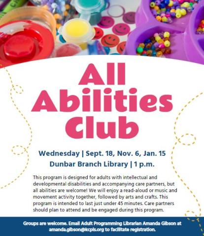 All Abilities Club flyer with all dates and craft supplies photo at the top, large pink text