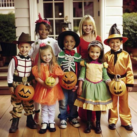 Group of children in varied Halloween costumes