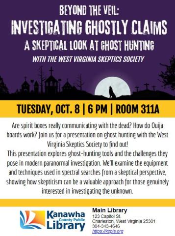 Ghost Hunting flyer with description and haunted house with wolf howling at the moon in purple at the top