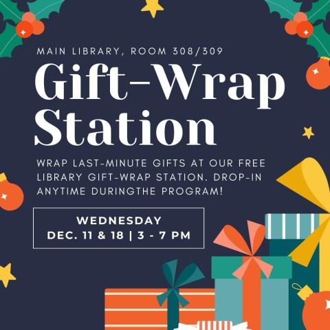 Gift-Wrap Station program details with wrapped gifts in bottom corner