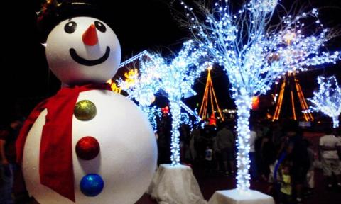 Large snowman in left foreground with two illuminated trees with white lights