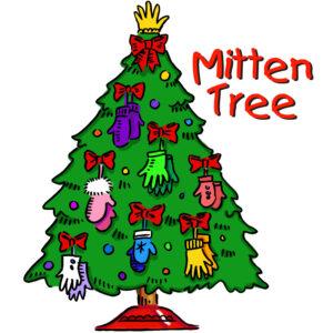 Green Christmas tree with multicolored mittens and "Mitten Tree" in red text