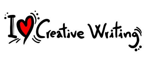 Black script on white background w/red heart, "I heart Creative Writing"