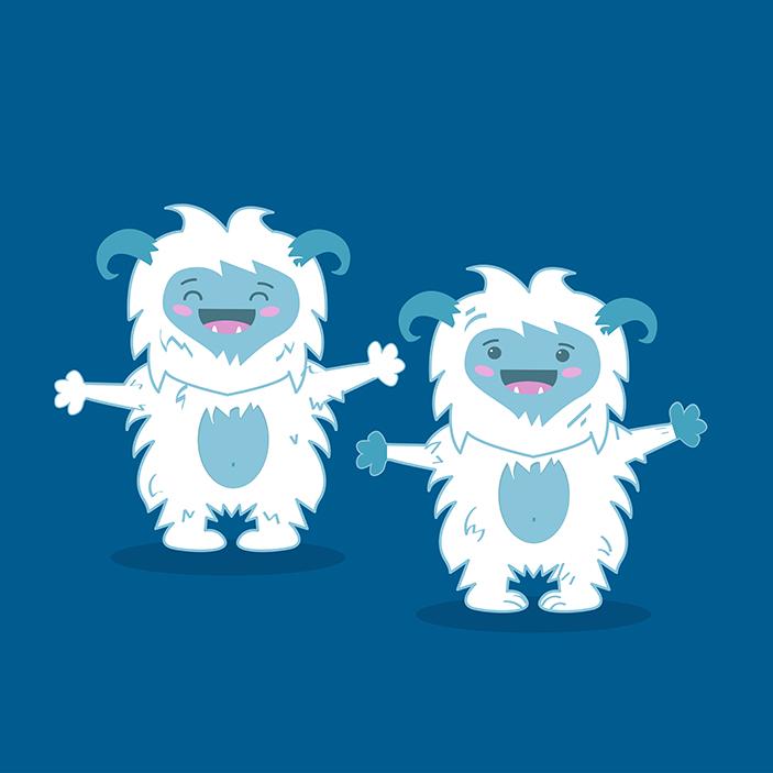 cartoon yetis on blue blackground