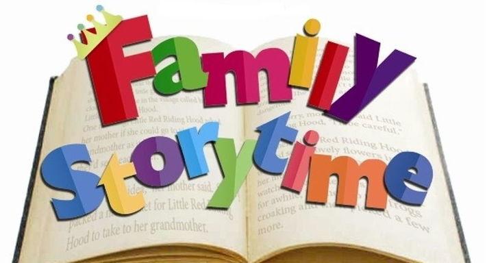 Open book with multicolored letters that spell "Family Storytime"