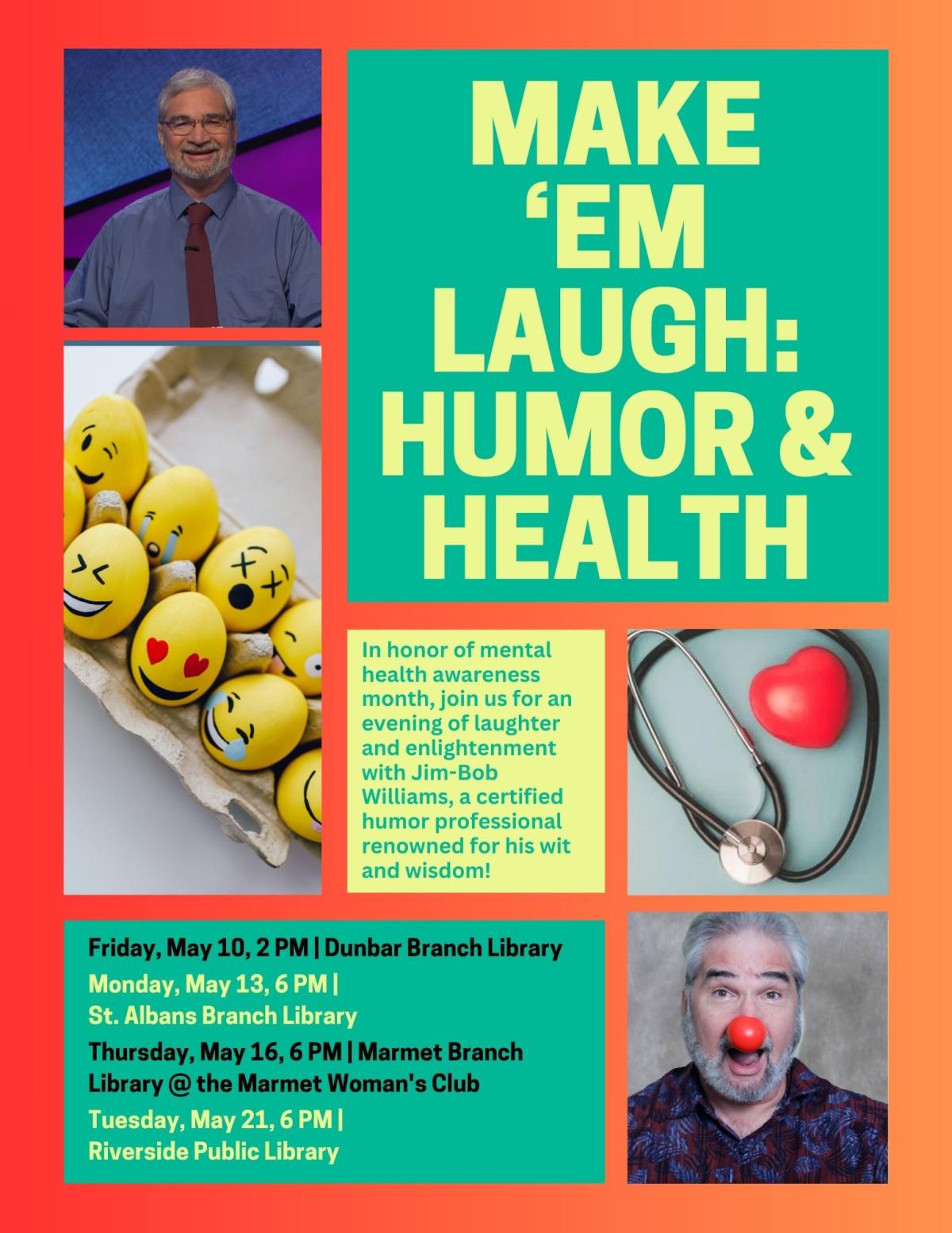 A flyer with event information for our Humor and Health Event Series