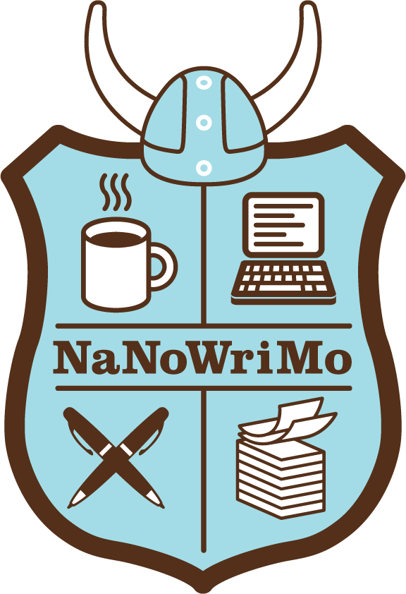 NaNoWriMo blue shield logo with Viking helmet on top