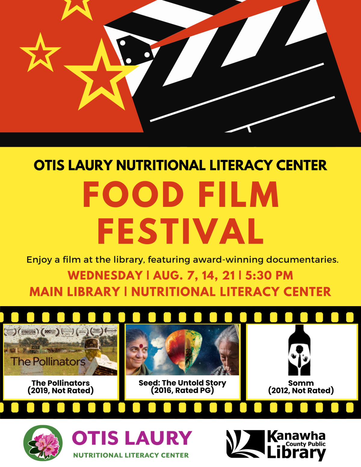 Food Film Festival flyer, red and yellow with black film strip with film images