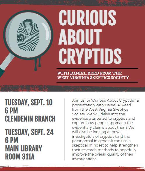 Curious About Cryptids flyer with text description and magnifying glass in top corner