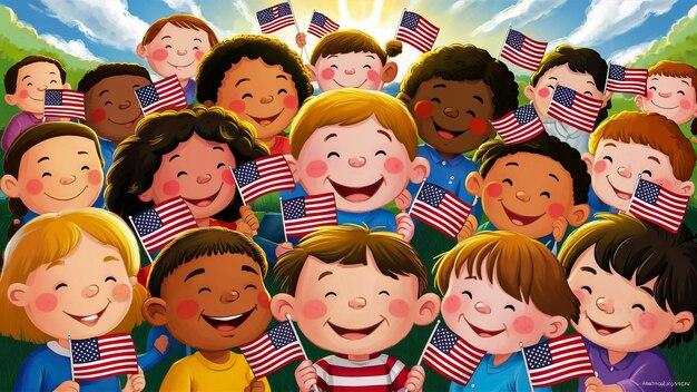 Diverse group of children holding American Flags