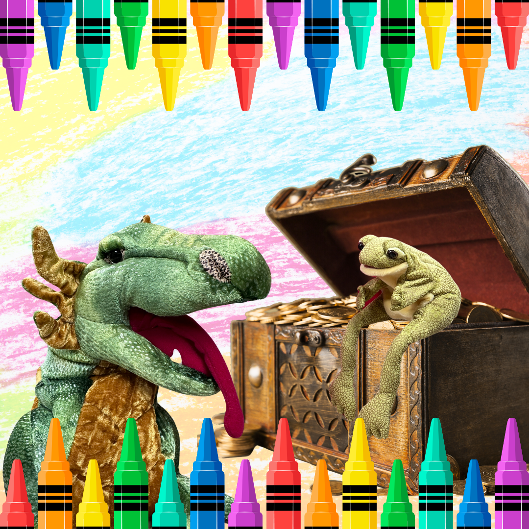 Frog and Dragon Puppets Surrounded by Treasure and Crayons