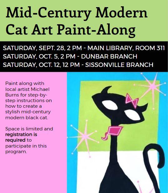 Mid-Century Modern Cat Paint-Along flyer with image of painting and description