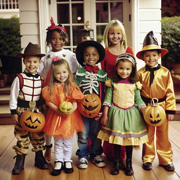 Group of children in varied Halloween costumes