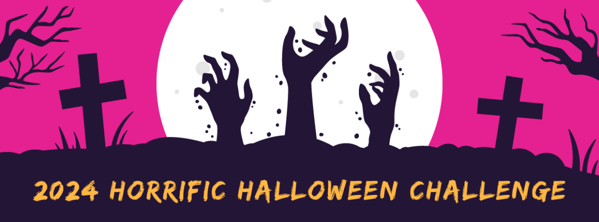 Horrific Halloween Challenge banner with zombie hands