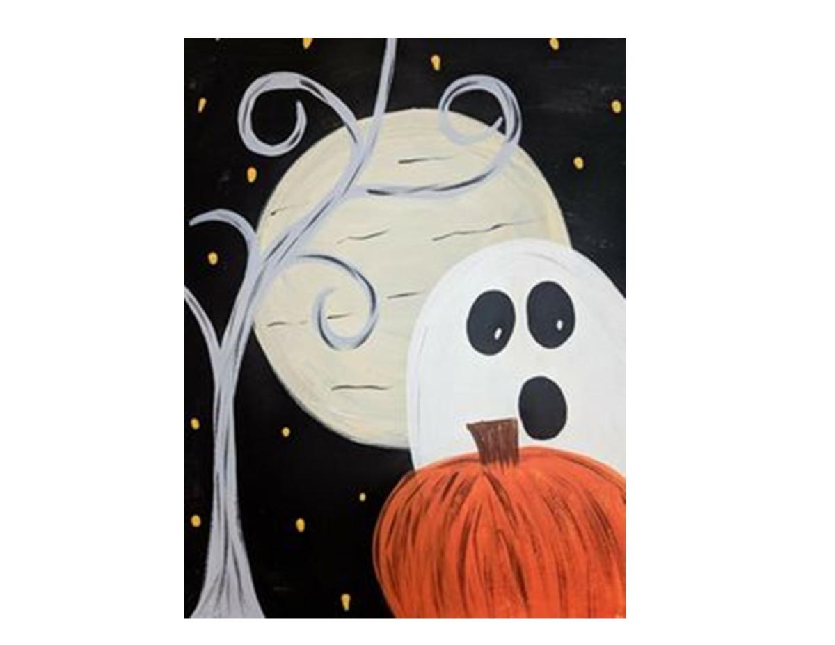 Ghost, pumpkin, tree, moon painting