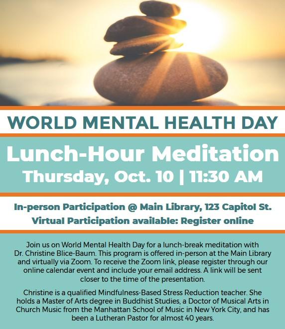 World Mental Health Day Meditation flyer with description and stones with sunrays peaking through at the top