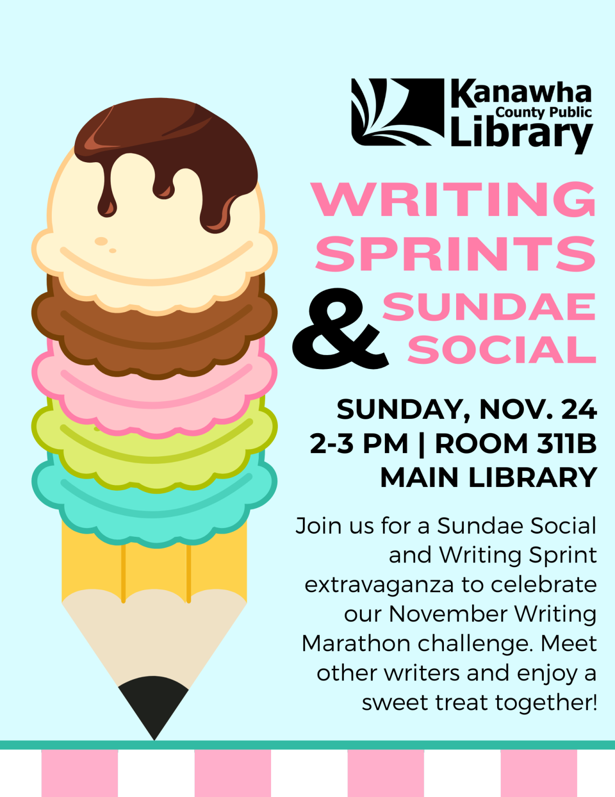 Writing Sprints and Sundae social flyer with ice cream on top of a pencil