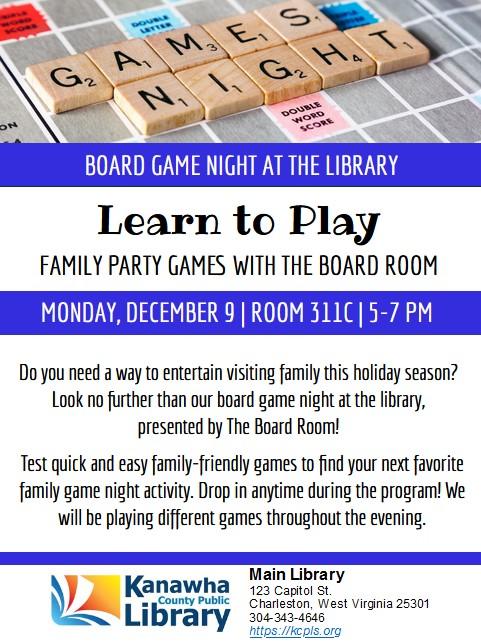 Family Game Night flyer with scrabble tiles on top